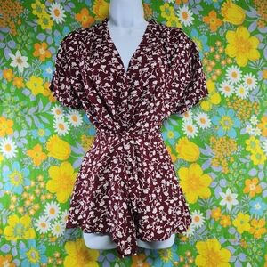 All That Jazz Vintage 90s Burgundy Floral Wrap Tie Button Down Shirt